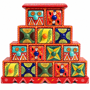 Boîte à bijoux en bois et poterie bleue artisanale |   Armoire de rangement à bijoux rectangulaire à 4 niveaux peinte à la main multifonctionnelle |   Indien - Product Image 4