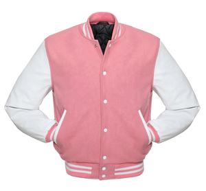 Chaqueta Varsity Rosa de Lana a la Moda con Mangas de Cuero Genuino, Estilo Urbano Chic para Mujer, Tendencia Otoño-Invierno, Disponible al por Mayor - Product Image 2