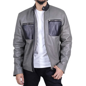Men's Gray Solid Color Leather Moto <b>Jacket</b> Zipper Closure Turn-down Collar <b>Slim</b> <b>Fit</b> Regular Length Leather <b>Jacket</b> For Sale - Product Image 4