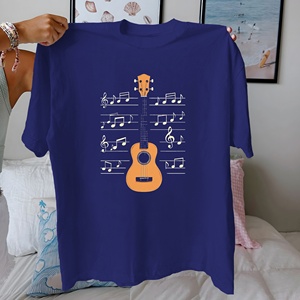 Ukelele con notas musicales, Camiseta de algodón puro para mujer, ajuste cómodo - Product Image 4
