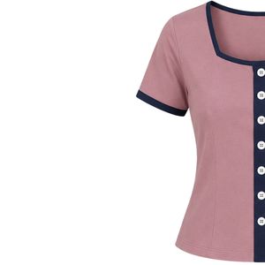 Pink And Navy Women Two Piece Shorts Set Square Neck Button <b>Top</b> Contrast Trim Embroidery Casual Summer Cotton Lounge Wear Outfit - Product Image 3