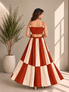 Wholesale Indian Ethnic Wear Rust Orange Checkered <b>Lehenga</b> Choli Set Cowrie Shell Fringe <b>Crop</b> <b>Top</b> Indo Western Navratri Garba Dr - Product Image 4