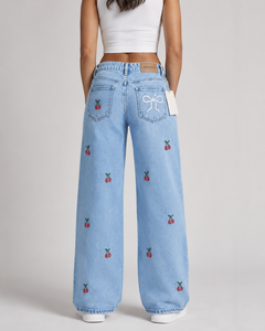 Jean taille haute à jambe large avec broderie cerise, en coton doux, grande taille, pantalon décontracté d'été pour femme, longueur complète, boutonné, OEM - Product Image 6