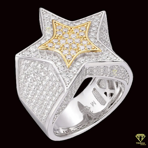 Bague étoile audacieuse à plusieurs couches avec diamant moissanite rond, entièrement sertie, bicolore, bijou de luxe géométrique et affirmé - Product Image 3