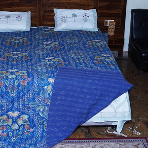Blue Floral Kantha <b>Quilt</b> Hand Embroidered Cotton <b>Bedspread</b> Reversible Printed Cover for Home Hotel - Product Image 6