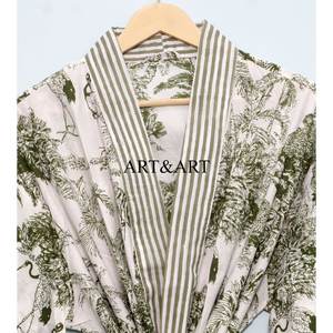 Hermoso Kimono Largo de Algodón Estampado a Mano con Cierre de Cinturón para Dormir por la Noche, Bata para Mujer con Estampado Floral - Product Image 4