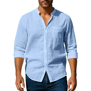 Wholesale Spring and Autumn Men's <b>Linen</b> Shirts Long Sleeve Stand up Collar Breathable Casual New Pocket Men's Shirts - Product Image 1