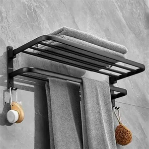 Porte-serviettes mural à double niveau en acier inoxydable, rangement minimaliste pour salle de bain avec crochets pour serviettes et accessoires - Product Image 1