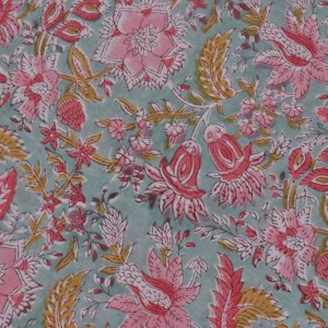 Export Quality Sage Green Cotton <b>Fabric</b> Pink Floral Hand Block Print Water Resistant Medium <b>Weight</b> 100GSM for Apparel Home - Product Image 4