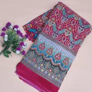 Tissu en crêpe tissé rose magenta 54 pouces avec broderie lourde et motif de bordure Daman pour Kurti, Tunique, Robe Anarkali et Ensemble de style indien pour filles - Product Image 3