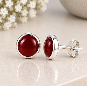 Red <b>Onyx</b> Silver Stud <b>Earrings</b>, Red <b>Onyx</b> Gemstone <b>Earrings</b>, 925 Sterling Silver Round Studs, Deep Red Stone <b>Earrings</b>, Minimalist - Product Image 3