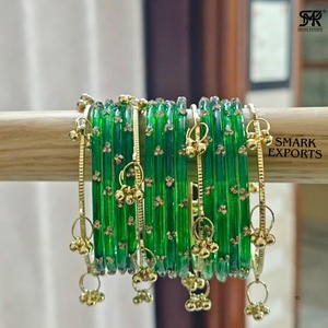 Luxury Handmade Emerald Green Kashmiri Bangle Set with Ghungroo Traditional Bridal Jewelry Gold Plated 16-Piece for Women - Product Image 4