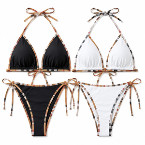 Elegant New Arrival Women's High Quality Eco-Friendly Quick Dry Spandex/Polyester Two <b>Bikini</b> <b>Set</b> V-<b>String</b> Bottom Contrast - Product Image 4