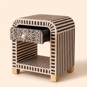 Table de chevet artisanale en os incrusté, motif floral, style bohème, luxe moderne, écologique, 1 tiroir, meuble de chambre à coucher - Product Image 4