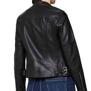 Chaqueta Bomber de Cuero Genuino Negro para Mujer, Manga Larga, Cuello Alto, Cierre de Cremallera, Chaqueta de Cuero Real para Otoño - Product Image 5