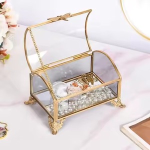 Glass Jewelry <b>Box</b> With Gold Frame Decorative <b>Trinket</b> Organizer For Rings Earrings Necklace Bracelet Vanity Display - Product Image 1