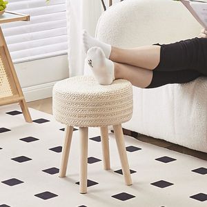 Natural Seagrass Ottoman Footstool with Solid Wood Legs Handwoven Hyacinth Footrest Step Stool - Product Image 3