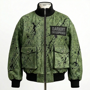 Blouson aviateur en cuir pour homme, vert effet éclaboussures de peinture, personnalisé, style usé, streetwear, vente en gros, fournisseur - Product Image 1