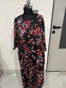 High Quality <b>Black</b> Color Floral Print <b>Kaftan</b> Round Neck Three Quarter Sleeves Daily Nightwear Loungewear Casual Comfortable Wear - Product Image 1