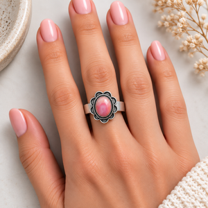 Bague en pierre rose à motif floral, faite à la main, style bohème occidental, bijou fantaisie en pierres précieuses, cadeau tendance pour femme - Product Image 5