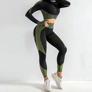 Leggings de yoga taille haute pour femmes, color block, longueur intégrale, taille élastique, en Spandex et Nylon texturé, extensibles dans les quatre sens - Product Image 1
