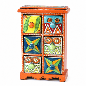 Handcrafted Wooden Blue Pottery 6 <b>Drawer</b> <b>Storage</b> Cabinet Decorative Organizer for Home Decor - Product Image 1