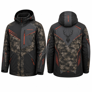 Veste softshell de chasse pour homme MEGAMAPLE, imprimé floral, imperméable, vêtements d'extérieur pour l'automne, manches longues avec capuche, accents rouges - Product Image 1