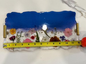 Blue & Gold Resin Tray with Real <b>Pressed</b> <b>Flowers</b> Handmade Blue Gold Resin Serving Tray Marble Effect Decorative Platter - Product Image 3
