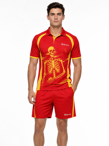 Ensemble de polos pour hommes à imprimé squelette rouge et jaune, séchage rapide, tenue sportive d'été avec logo sur le devant, ensembles de polos pour hommes en vente - Product Image 1