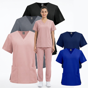 Custom Logo Woven Polyester Spandex Seamless Fusing Chest Pocket V-Neck <b>Scrubs</b> <b>Top</b> Nurse Women Men Unisex Medical Uniform Solid - Product Image 2