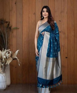 Traditional Blue Silk Saree With Silver Border And Tassels For Wedding Wear Indian Pakistani Ethnic Dress Women <b>Floor</b> Length - Product Image 5