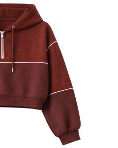 Ensemble décontracté deux pièces pour femme, couleur marron rouillé, comprenant un sweat à capuche court zippé et un short cargo à poches, en polyester et coton, personnalisable, vente en gros - Product Image 2