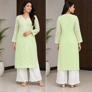 Kurti vert pistache clair brodé à la main, style Lucknowi Chikankari, coupe droite - Tunique ethnique élégante en coton pour femmes - Product Image 4