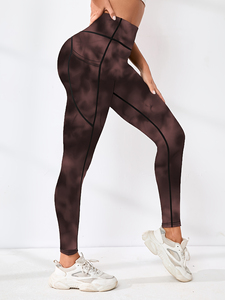 High Waist Full Length Yoga <b>Leggings</b> Gradient <b>Brown</b> Contrast Stitch Four-Way Stretch Spandex Polyester Pants - Product Image 1