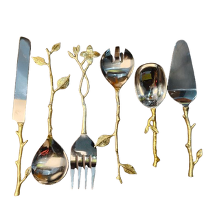 Juego de Cubiertos de 6 Piezas con Diseño de Rama Dorada, Tenedor y Cuchara para Ensalada de Acero Inoxidable y Servidor de Pastel con Detalles Florales, Vajilla. - Product Image 1