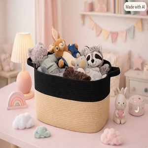Panier de rangement en corde de coton pour enfants, rectangulaire, brun naturel, noir, fait main, organisateur de jouets, lavable, organisateur à un seul niveau - Product Image 1