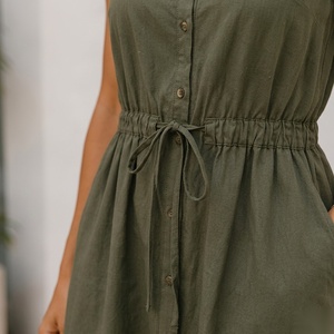 Sleeveless V-Neck Midi <b>Dress</b> With Drawstring Waist And Button Front Casual A-Line Cotton <b>Dress</b> For Summer Daily Wear - Product Image 4