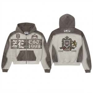 Sweat à capuche zippé en molleton de coton et polyester 420 GSM pour homme, gris et blanc, avec empiècements contrastants, impression en relief, broderie, patch tissé, logo personnalisé - Product Image 1
