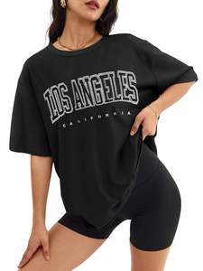 Camiseta Negra de Mujer Los Ángeles, Algodón, Hombros Caídos, Manga Corta, Cuello Redondo, Estilo Casual Urbano, Logotipo Personalizado, Alta Calidad - Product Image 4