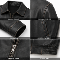 Blouson aviateur en cuir véritable pour homme, col rabattu, fermeture éclair, noir uni, coupe classique, pour l'automne
