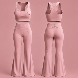 Pink Solid Seamless Yoga Set Women's Sports Bra and <b>Flare</b> <b>Leggings</b> 2-Piece Workout Outfit with Elastic Waist for Custom Logo - Product Image 1