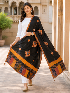 Jaipur Moda Handmade Cotton Dupatta Black with Ajrakh Patchwork Border Tassels Traditional Indian Ethnic Wear for Women - Product Image 1