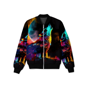 Blouson Bomber Homme Imprimé Loup et Lune Coloré, Fermeture Éclair, Décontracté, Automne, Sublimation 3D, en Polyester - Product Image 2