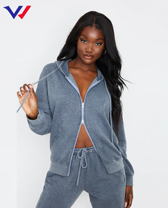 He She Wears Women Gray Hooded 2 1 Polyester/Cotton Fleece <b>Tracksuit</b> Set Full Sleeve Solid Color Casual Joggers Drawstring Side - Product Image 2