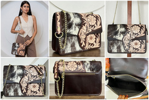 New Design Best Selling Floral Hand <b>Tooled</b> Genuine <b>Leather</b> Crossbody Bag Western Genuine Cowhide <b>Leather</b> Women's Messenger Bags - Product Image 3