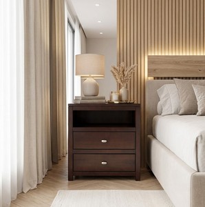 Table de chevet moderne en bois avec 2 tiroirs de rangement, mobilier de chambre à coucher, couleur café, design minimaliste - Product Image 4
