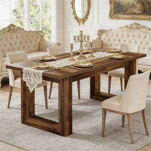 Tavolo da Pranzo Rettangolare con Base Quadrata in Legno Robusto per Cucina, Tavolo da Pranzo Durevole con Base Quadrata - Product Image 3