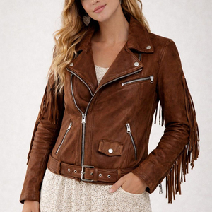 Premium Brown Women Fringe <b>Suede</b> <b>Leather</b> <b>Jacket</b> Asymmetric Zip Closure Belted Waist Custom Sample And Customization Available - Product Image 1