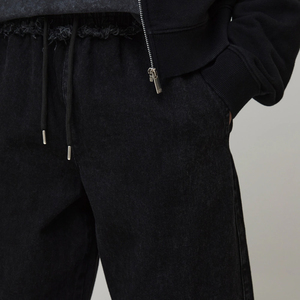 Jean noir à jambe large avec broderie dragon, style streetwear décontracté et ample, pantalon en denim avec cordon de serrage à la taille, effet délavé, pour homme - Product Image 3