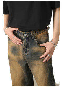 Men's Vintage Baggy Loose Jeans New Designer Straight Hong Kong Style Retro Rust-Color Denim Technique Washed Style - Product Image 5